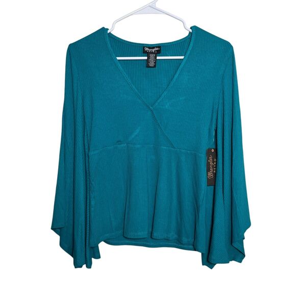 Wrangler Retro Blouse Women's Small Blue V-Neck Flare Sleeve Flutter Top NWT - Picture 1 of 13